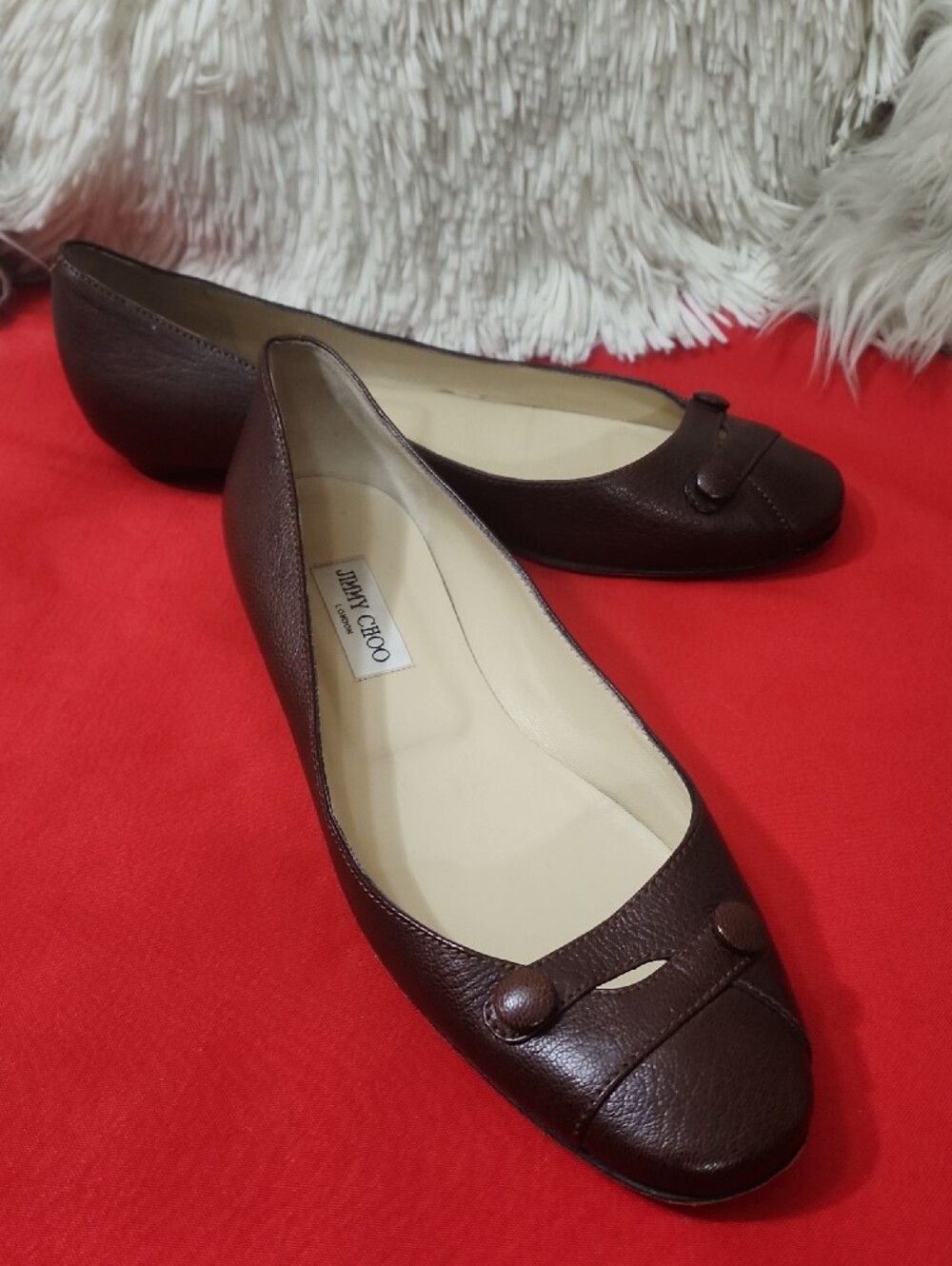 Jimmy Choo Dark Brown Leather Button-Trim Ballet